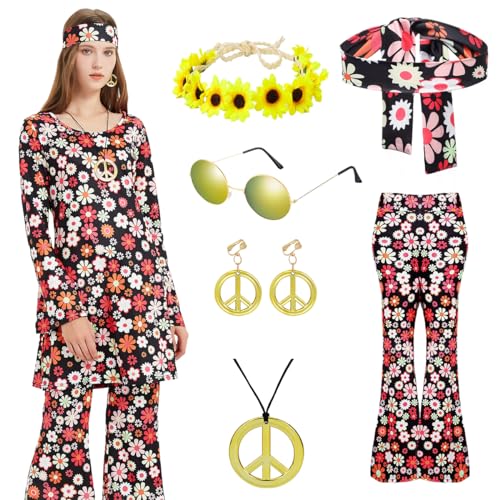 WILDPARTY 70er Jahre Hippie Bekleidung Damen Set, Schlager Outfit Enthält Kleid, Hosen, Hippie Accessoires, 60er 70e Retro Outfit Schlagermove Faschings Kostüm Disco Party Halloween Karneval von WILDPARTY