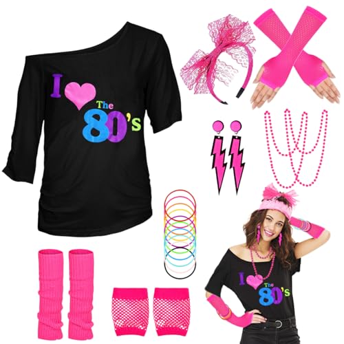 80er 90er Jahre Outfit Damen, T-Shirt, Beinwärmer Stirnband, Ohrring, Halskette, Netzhandschuhe, 80er 90er Jahre Kostüm Mottoparty Accessoires Kleidung Neon Party Karneval Fasching JD-80SLove-Pink-XS von WILDPARTY