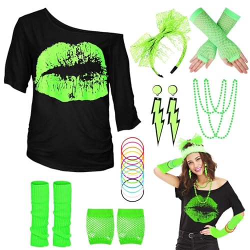 WILDPARTY 80er 90er Jahre Outfit Damen, T-Shirt, Beinwärmer, Stirnband, Ohrring, Halskette, Netzhandschuhe, 80er 90er Jahre Kostüm Mottoparty Accessoires Kleidung JD-80SMouth-Green-S Made In China von WILDPARTY