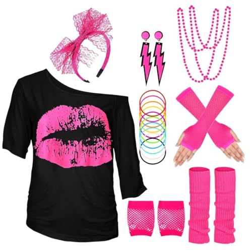 WILDPARTY 80er 90er Jahre Outfit Damen, T-Shirt, Beinwärmer, Stirnband, Ohrring, Halskette, Netzhandschuhe, 80er 90er Jahre Kostüm Mottoparty Accessoires Kleidung JD-80SMouth-Pink-XS von WILDPARTY