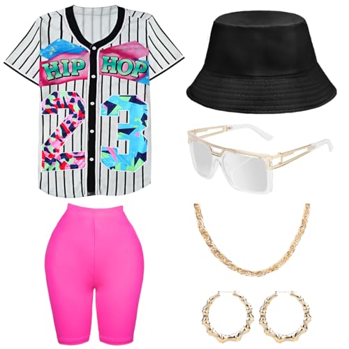 WILDPARTY 80er 90er Jahre Outfit Damen, Hip Hop Kostüm Lockere Oberteile Yoga Hose Fischerhüte Gläser Ohrringe Halskette, 1980 Accessoires Bunte Rapper Shirt Karneval Mottoparty Bad Taste von WILDPARTY