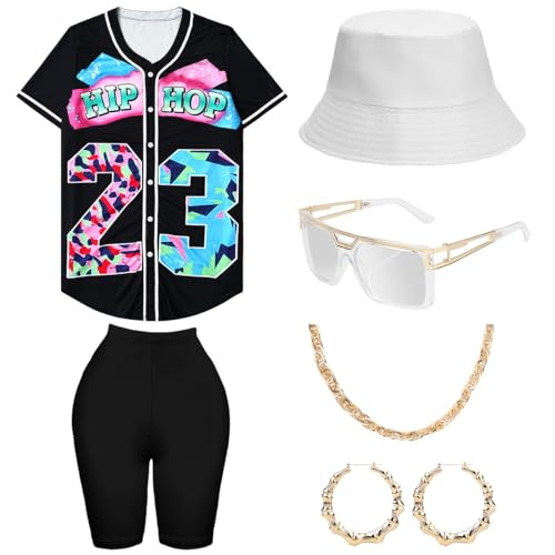WILDPARTY 80er 90er Jahre Outfit für Damen, Unisex Hip Hop Kostüm Baseball Jersey Shirt Yoga Hose Eimer Hut Goldkette Rapper Zubehör von WILDPARTY