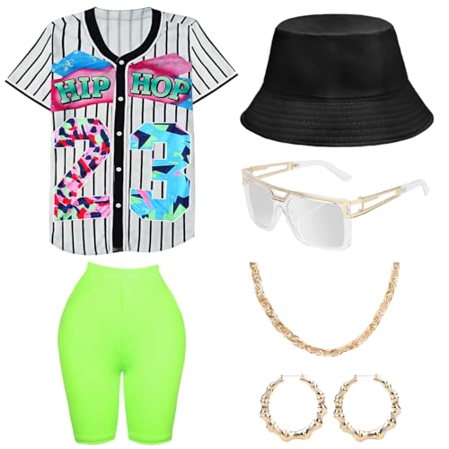 WILDPARTY 80er 90er Jahre Outfit für Damen, Unisex Hip Hop Kostüm Baseball Jersey Shirt Yoga Hose Eimer Hut Goldkette Rapper Zubehör von WILDPARTY