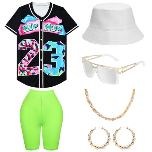 WILDPARTY 80er 90er Jahre Outfit für Frauen, Unisex Hip Hop Kostüm Baseball Jersey Shirt Yoga Hosen Eimer Hut Goldkette Rapper Zubehör von WILDPARTY