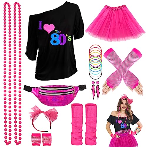 Wildparty 80er Jahre Verkleidung für Damen, T-Shirt mit Aufdruck „I Love 80s“, Tutu-Rock, Stulpen, Halskette, Netzhandschuhe, Ohrringe, Kostüme, Neon-Accessoires für Retro Mottoparty, Cosplay von WILDPARTY