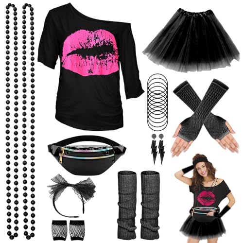 WILDPARTY 80er Jahre Outfit Damen Rosa Set, T-Shirt, Tutu, Gürteltasche, Stirnband, Ohrring, Halskett Clothes-80SMouth-Black-M MADE IN CHINA WILDPARTY 80er Jahre Outfit Damen Rosa Set, T-Shirt, Tutu, Gürteltasche, Stirnband, Ohrring, Halskett Clothes-80SMouth-Black-M MADE IN CHINA von WILDPARTY