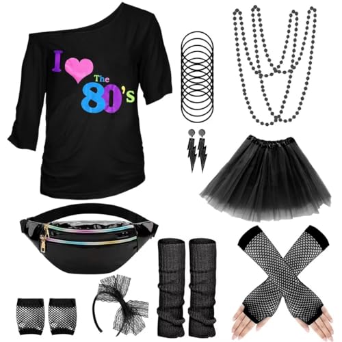 WILDPARTY 80er Jahre Outfit Damen Set, T-Shirt, Tutu, Gürteltasche, Stirnband, Ohrring, Halskette, Netzhandschuhe, 80er Jahre Kleidung Kostüm Neon Accessoires Thema Party Karneval Damen Frauen von WILDPARTY