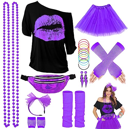 Wildparty 1980er-Jahre Verkleidung für Damen, T-Shirt mit Lippenaufdruck, Tutu-Rock, Stulpen, Halskette, Netzhandschuhe, Ohrringe, Neon-Accessoires für Retro-Mottoparty, Cosplay Wildparty 1980er-Jahre Verkleidung für Damen, T-Shirt mit Lippenaufdruck, Tutu-Rock, Stulpen, Halskette, Netzhandschuhe, Ohrringe, Neon-Accessoires für Retro-Mottoparty, Cosplay von WILDPARTY
