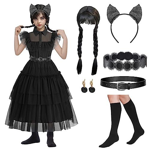 WILDPARTY Wednesd Adam Kostüm Damen, Mittwochs Kleid Katzenohr-Stirnband, Gürtel, Hüftgurt, Ohrrin, Perücke, Strumpf, Addam Family Kostüm Gothic Halloween Karneval Fasching Cosplay Party WILDPARTY Wednesd Adam Kostüm Damen, Mittwochs Kleid Katzenohr-Stirnband, Gürtel, Hüftgurt, Ohrrin, Perücke, Strumpf, Addam Family Kostüm Gothic Halloween Karneval Fasching Cosplay Party von WILDPARTY