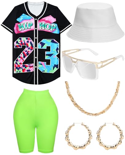 WILDPARTY Hip-Hop-Kostüm-Outfit für Damen, Baseball-Trikot, Yoga-Hose, Fischerhut, Goldkette, Rapper-Zubehör, 1990er-, 1980er-Jahre, Neon-Kleidung, Retro-Party, Schwarz, Größe XL WILDPARTY Hip-Hop-Kostüm-Outfit für Damen, Baseball-Trikot, Yoga-Hose, Fischerhut, Goldkette, Rapper-Zubehör, 1990er-, 1980er-Jahre, Neon-Kleidung, Retro-Party, Schwarz, Größe XL von WILDPARTY