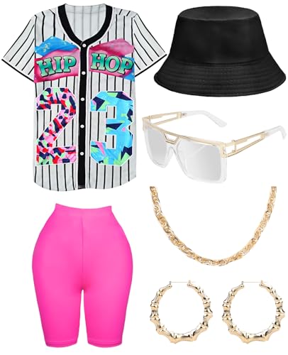 WILDPARTY Hip-Hop-Kostüm-Outfit für Damen, Baseball-Trikot, Yoga-Hose, Fischerhut, Goldkette, Rapper-Zubehör, 1990er-, 1980er-Jahre, Neon-Kleidung, Retro-Party, Weiß, Größe XL WILDPARTY Hip-Hop-Kostüm-Outfit für Damen, Baseball-Trikot, Yoga-Hose, Fischerhut, Goldkette, Rapper-Zubehör, 1990er-, 1980er-Jahre, Neon-Kleidung, Retro-Party, Weiß, Größe XL von WILDPARTY