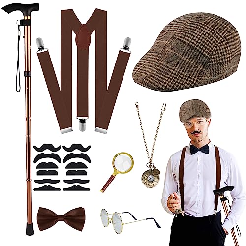 WILDPARTY 20er Jahre Kostüm Herren Accessoires, Faltbarer Krücken Metall, Lupe, Hut,Taschenuhr, Metallbrille, Fliege, Mafia Gatsby 1920 Gangster Sherloc Holme Detektiv Kostüm Halloween von WILDPARTY