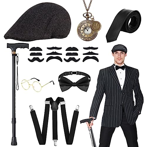 WILDPARTY 20er Jahre Kostüm Herren Accessoires, Faltbarer Krücken Metall, Panamahut, Taschenuhr, Metallbrille, Fliege, Hosenträger, Mafia Gatsby Kostüm 1920S Gangster Halloween Party von WILDPARTY