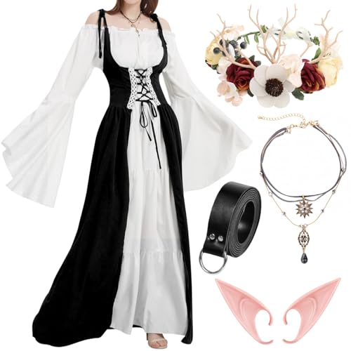 WILDPARTY Mittelalter Kleid Damen Renaissance Kleidung, Elfenohren Halskette Blumenkrone Ledergürtel, Trompetenärmel Halloween Cosplay Karneval Kostüm, Lange Retro Partykleid von WILDPARTY
