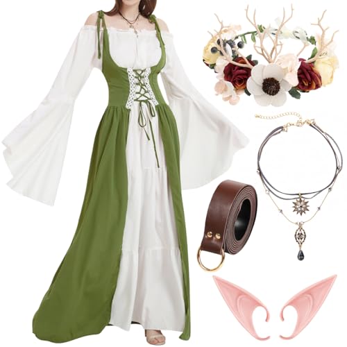 WILDPARTY Mittelalter Kleid Damen Renaissance Kleidung, Elfenohren Halskette Blumenkrone Ledergürtel, Trompetenärmel Halloween Cosplay Karneval Kostüm, Lange Retro Partykleid von WILDPARTY