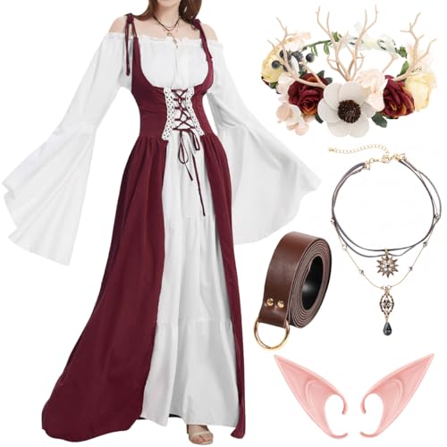 WILDPARTY Mittelalter Kleid Damen Renaissance Kleidung, Elfenohren Halskette Blumenkrone Ledergürtel, Trompetenärmel Halloween Cosplay Karneval Kostüm, Lange Retro Partykleid von WILDPARTY