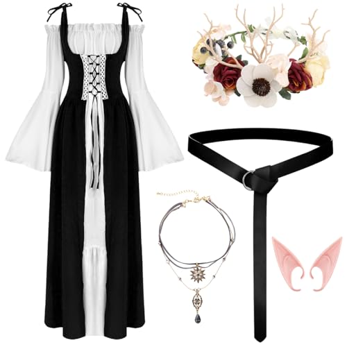 WILDPARTY Mittelalter Kleid Damen Renaissance Kleidung, Elfenohren Halskette Blumenkrone Ledergürtel, Trompetenärmel Halloween Cosplay Karneval Kostüm, Lange Retro Partykleid von WILDPARTY