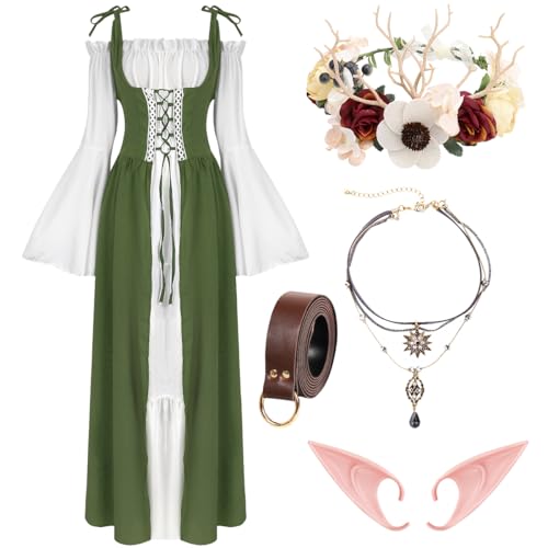 WILDPARTY Renaissance-Kleid, Mittelalter-Kostüm für Damen, Blumenkrone, Elfenohr, Choker, Halskette, Ledergürtel, Feengrün, Weiß, Größe XL von WILDPARTY