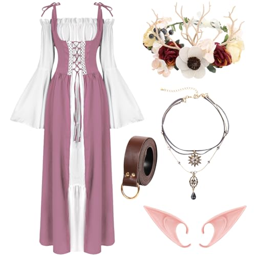 WILDPARTY Renaissancekleider, Mittelalter-Kostüm für Damen, Blumenkrone, Elfenohr, Choker, Halskette, Ledergürtel, Fee, Rosa, Weiß, Größe S von WILDPARTY