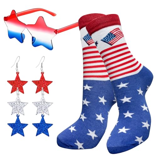 Zubehör-Set für den 4. Juli, patriotisches Kostümzubehör-Set mit roten, weißen und blauen Sternen, Sonnenbrillen, Ohrringen, Socken mit amerikanischer Flagge, Geschenk für Frauen und Mädchen Zubehör-Set für den 4. Juli, patriotisches Kostümzubehör-Set mit roten, weißen und blauen Sternen, Sonnenbrillen, Ohrringen, Socken mit amerikanischer Flagge, Geschenk für Frauen und Mädchen von WILLBASIC