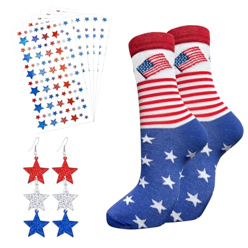 Zubehör-Set zum 4. Juli, patriotisches Kostümzubehör-Set mit roten, weißen und blauen Stern-Ohrringaufklebern, Socken mit amerikanischer Flagge, Geschenk für Frauen und Mädchen, Unabhängigkeitstag Zubehör-Set zum 4. Juli, patriotisches Kostümzubehör-Set mit roten, weißen und blauen Stern-Ohrringaufklebern, Socken mit amerikanischer Flagge, Geschenk für Frauen und Mädchen, Unabhängigkeitstag von WILLBASIC