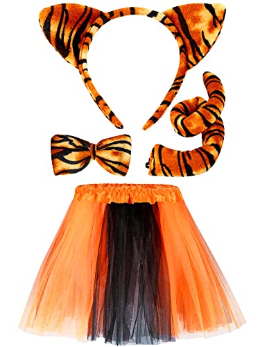 4 Stück Tiger Kostüm Set Tier Kostüm Tiger Ohr Stirnband Schwanz Fliege Tutu Rock für Kinder Halloween Cosplay Party (L) von WILLBOND