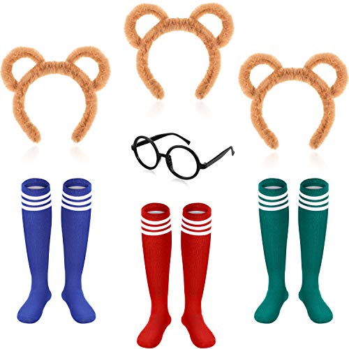 7-teiliges Streifenhörnchen-Kostüm-Set beinhaltet 3 Stück Streifenhörnchen-Ohren, Haarband, 3 Paar kniehohe Socken und 1 Stück schwarze, runde Brillen, Teenager, Halloween-Party. von WILLBOND