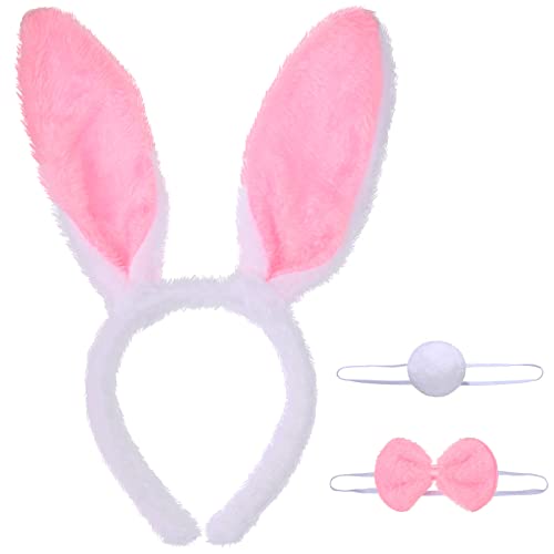 Hase Cosplay Kostüm Zubehör - Kaninchen Ohren Stirnband, Plüsch Ostern Schwanz und Krawatte für Kinder und Erwachsene (Weiß) von WILLBOND