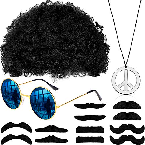 WILLBOND Hippie Kostüm Set Funky Afro Perücke Sonnenbrille Frieden Zeichen Halskette Schnurrbart für 50/60/ 70s Retro Thema Party von WILLBOND