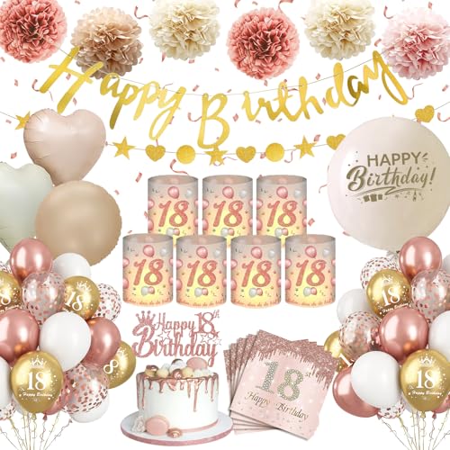 Deko 18 Geburtstag Mädchen,WINAROI 18. Geburtstag Deko Rose Gold mit Windlicht Tischdeko, Happy Birthday Banner, Servietten, Pompons Deko 18 Geburtstag Mädchen,WINAROI 18. Geburtstag Deko Rose Gold mit Windlicht Tischdeko, Happy Birthday Banner, Servietten, Pompons von WINAROI