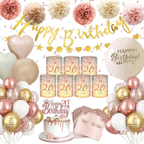 Deko 20 Geburtstag Mädchen,WINAROI 20. Geburtstag Deko Rose Gold mit Windlicht Tischdeko, Happy Birthday Banner, Servietten, Pompons von WINAROI
