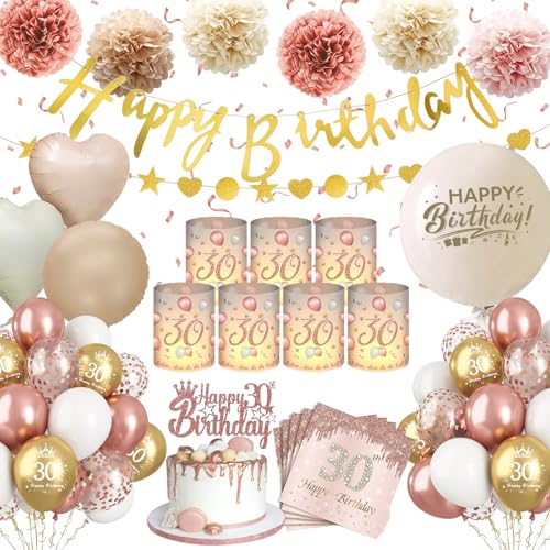Deko 30 Geburtstag Mädchen,WINAROI 30. Geburtstag Deko Rose Gold mit Windlicht Tischdeko, Happy Birthday Banner, Servietten, Pompons von WINAROI