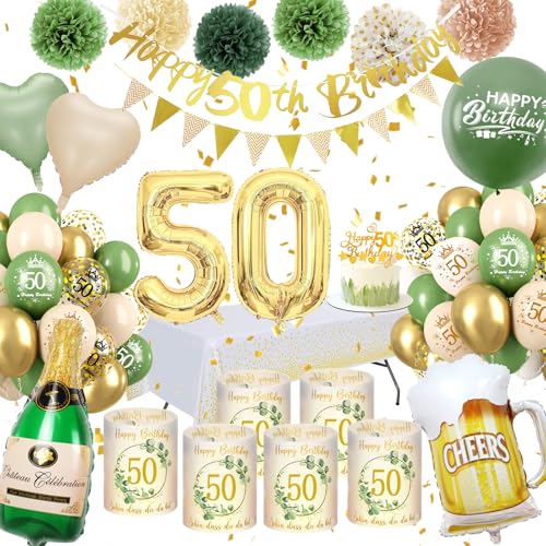 Deko 50 Geburtstag Frau,WINAROI 50 Geburtstag Frauen Grüne Gold mit Windlicht Tischdeko, Happy Birthday Banner,Tischtuch, Pompons von WINAROI