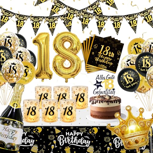 WINAROI 18 Geburtstag Deko Junge Mädchen, 18. Schwarz Gold Geburtstag Luftballons mit Windlicht Tischdeko Servietten Tischdeck, Deko 18. Geburtstags Luftballons, Birthday Party Decorations von WINAROI