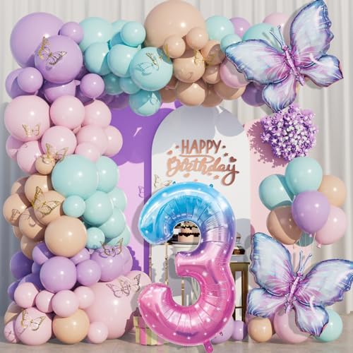 WINAROI 3 Jahre Geburtstag Deko für Mädchen - Schmetterling Party Set mit Luftballon Girlande in Lila zum 3. Geburtstag von WINAROI