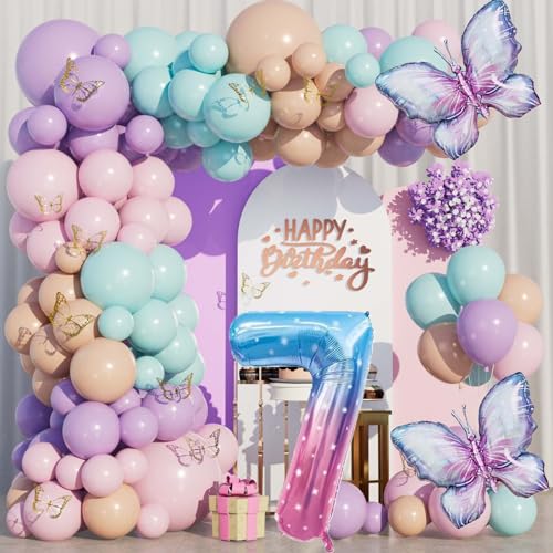 WINAROI 7 Jahre Geburtstag Deko, Schmetterlinge Deko Geburtstag Mädchen 7 Jahre, Luftballon Girlande Schmetterling Lila, Schmetterling Geburtstag Party Set zum 7. Geburtstag des Mädchens von WINAROI