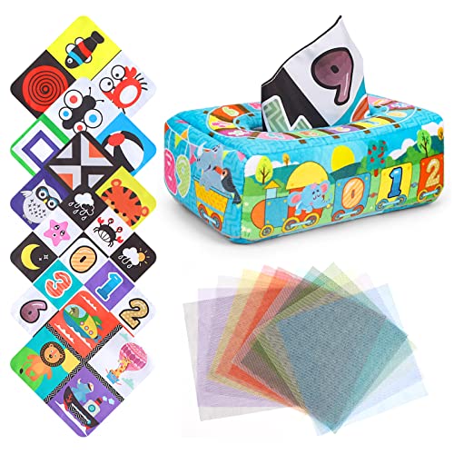 WINAROI Montessori Spielzeug Baby, Baby Tissue Box Sensorik Spielzeug mit 6 Knisterpapier & 12 Bunte Schals, Hohem Kontrast Babyspielzeug ab 6 Monate von WINAROI