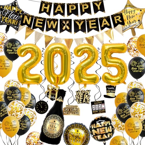 WINAROI Happy New Year Dekoration 2025 Ballon, Schwarz Gold Happy New Year Banner 2025 Luftballons,Neujahr Deko 2025,Silvester Deko Schwarz Gold Ballon mit Silvester Banner, Neujahr Silvesterdeko Set WINAROI Happy New Year Dekoration 2025 Ballon, Schwarz Gold Happy New Year Banner 2025 Luftballons,Neujahr Deko 2025,Silvester Deko Schwarz Gold Ballon mit Silvester Banner, Neujahr Silvesterdeko Set von WINAROI