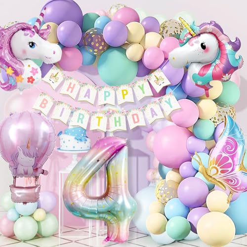 WINFLUENCE Einhorn Geburtstagsdeko Mädchen, 4 Jahre Einhorn Deko Kindergeburtstag, Einhorn Luftballons Geburtstag, Schmetterling Folienballon Kindergeburtstag 4. Geburtstag Mädchen Deko von WINFLUENCE