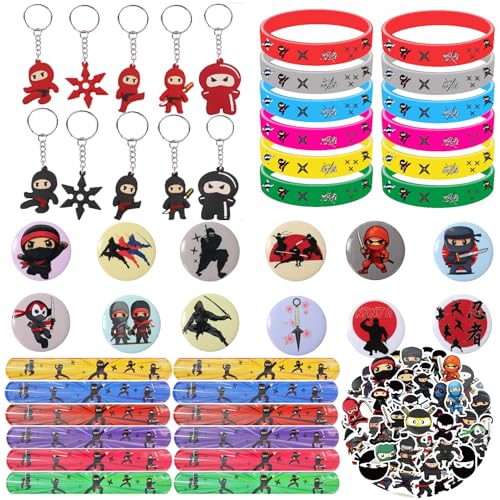 WINMIND 108 Stück Ninja Mitgebsel Party Kindergeburtstag - Schlüsselanhänger, Silikon-Armbänder, Abzeichen, Slap Armbänder, Aufkleber, für Kinder Ninja-Fan Geburtstag Party-Dekorationen von WINMIND