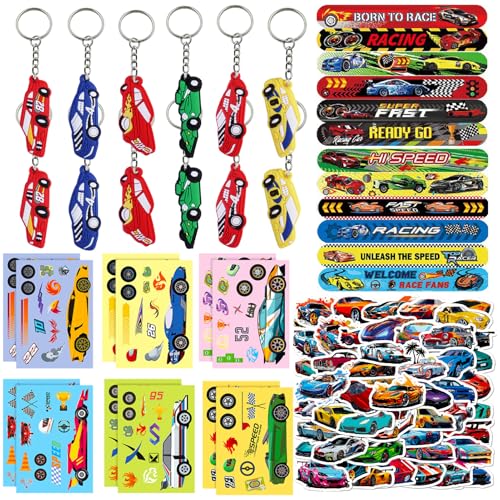 WINMIND 86 Stück Rennauto Party Mitgebsel, Include Race Car Keychains Slap Armbänder Puzzle DIY Aufkleber und Sticker für Geschenk Junge Kind Füller Goodie Bag Stuffer Racecar Themed Dekorationen von WINMIND