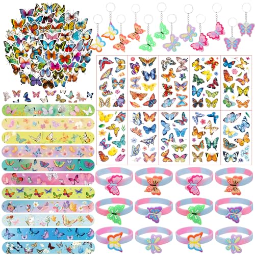 WINMIND 96 Stück Schmetterling Party Favors für Mädchen Fee Geburtstag Party Supplies mit Schmetterling Silikon Armbänder, Slap Armbänder, Schlüsselanhänger, Tattoos Aufkleber und Sticker von WINMIND