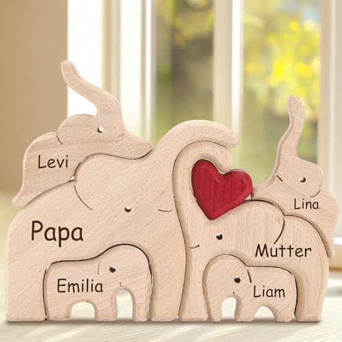 Muttertagsgeschenk Personalisiertes Holzkunstpuzzle der Bärenfamilie mit 2-7 Namen Graviert, Muttertagsgeschenke für Mama Oma Mutter zum Muttertag, Desktop Ornament, Tischdekor (Elefant) von WINSD