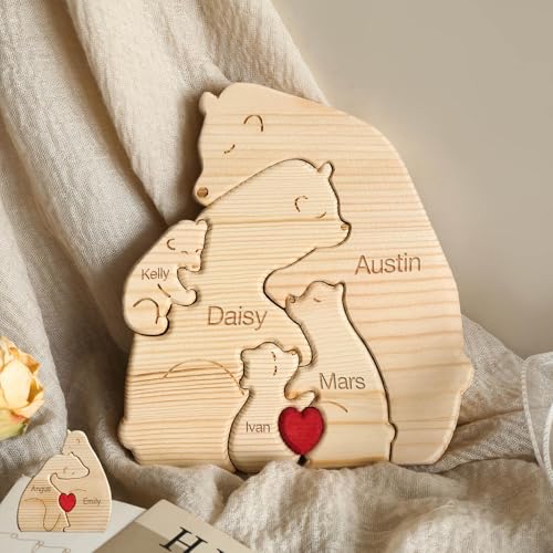 Personalisiertes Holzkunstpuzzle Der Bärenfamilie Mit 2-8 Namen, Muttertagsgeschenke Für Mama, Holz Bär Skulpturen Desktop Ornament für Familien Geschenk (Eisbär) von WINSD
