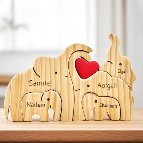 Personalisiertes Holzkunstpuzzle Der Bärenfamilie Mit 2-8 Namen, Muttertagsgeschenke Für Mama, Holz Bär Skulpturen Desktop Ornament für Familien Geschenk (Elefant) von WINSD