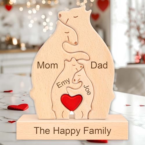 Personalisiertes Holzkunstpuzzle der Bärenfamilie Geschenk mit 2-7 Namen We Are One Holz Bär Skulpturen als Desktop Ornament Personalisiertes Geschenk für Muttertag Vatertag Weihnachts (Stil-A) von WINSD