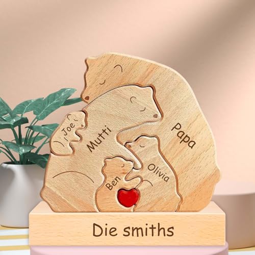 Personalisiertes Holzkunstpuzzle der Bärenfamilie Geschenk mit 2-7 Namen We Are One Holz Bär Skulpturen als Desktop Ornament Personalisiertes Geschenk für Muttertag Vatertag Weihnachts (Stil-B) von WINSD