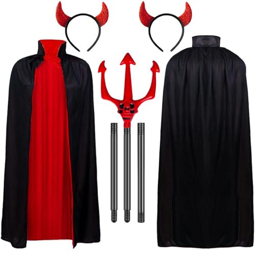 3-teiliges Halloween-Teufel-Vampir-Kostüm-Set, Halloween-Vampirumhang, wendbarer Umhang, Teufelshörner Stirnband, Teufelsgabel, rotes glänzendes Stirnband für Halloween-Party-Requisiten, von WINUSD