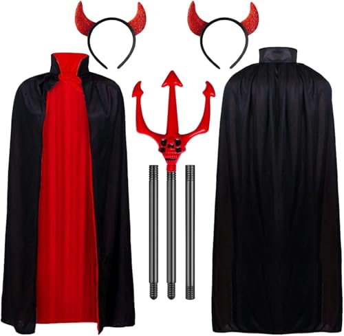3Pcs Halloween Teufel Vampir Kostüm Set, Halloween Vampir Cape Reversible Mantel, Teufel Hörner Stirnband, Teufelsgabel, rot glänzende Stirnband für Halloween Party Requisiten, Teufel Outfit von WINUSD