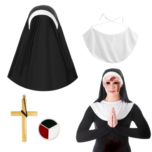 4 Stück Halloween Nonne Kostüm Zubehör für Frauen, Nonne Kostüm Hut Nonne Kragen Gold Kreuz Anhänger Halskette Körperbemalung für Halloween Cosplay Party Frauen Fancy Dress Up Requisiten, Nonne Outfit 4 Stück Halloween Nonne Kostüm Zubehör für Frauen, Nonne Kostüm Hut Nonne Kragen Gold Kreuz Anhänger Halskette Körperbemalung für Halloween Cosplay Party Frauen Fancy Dress Up Requisiten, Nonne Outfit von WINUSD